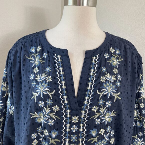 J Jill Womens XL Navy Embroidered Tunic Top Blouse Long Sleeve Floral Boho - Picture 3 of 12